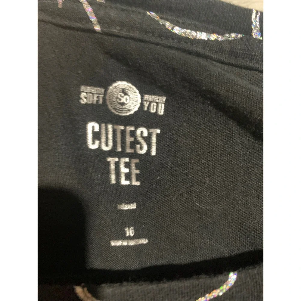 SO Cutest Tee Girls Black Silver Glitter Emoji Long Sleeve Shirt Size 16 Relaxed